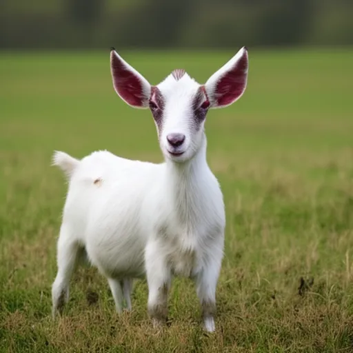 

The image shows a small white goat standing in a grassy field, looking up at the camera with its ears perked. Its mouth is slightly open, as if it is bleating. The image conveys the idea of a small goat