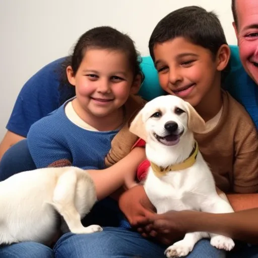 

This image shows a smiling family of four, two adults and two children, cuddling with a rescued pet. The pet, a small white and brown dog, is nestled comfortably between the two children, who are both wearing big smiles