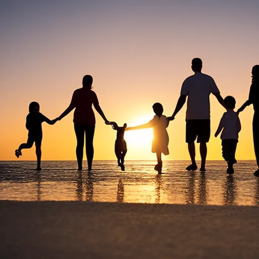 

This image shows a happy family of four, including two children, standing on a beach with their two dogs. The sun is setting in the background, creating a beautiful golden sky. The family is smiling and the dogs are running around, enjoying
