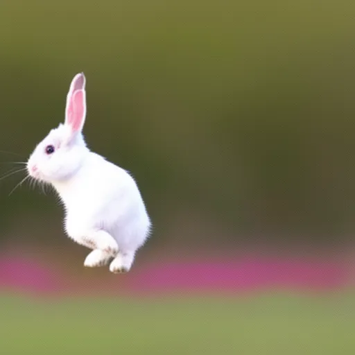 

This image shows a small white dwarf rabbit happily jumping up into the air. The rabbit has a bright pink nose and long ears, and its fur is soft and fluffy. The background is a bright green grassy field, and the rabbit is