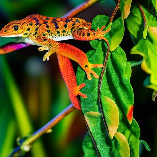 

An image of a gecko perched on a branch in a lush, tropical rainforest. The vibrant colors of the foliage and the vibrant colors of the gecko's skin create a stunning contrast. The image conveys the idea of a perfect