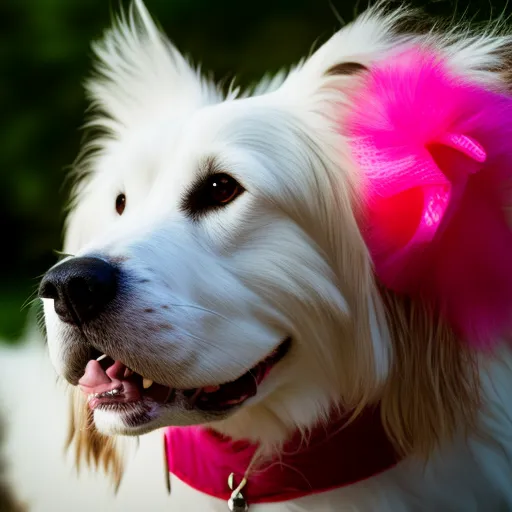 

The image shows a large, white, fluffy dog with a pink bow in its fur. The dog is looking up at the camera with an expression of joy and contentment. The image captures the beauty of a beloved animal companion and the connection