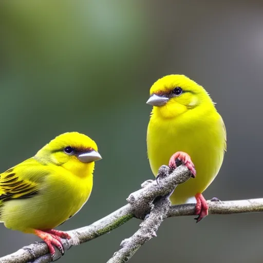 

A photo of two yellow canaries perched on a branch, looking in opposite directions. The bright yellow feathers of the birds stand out against the green foliage of the branch, highlighting the beauty and variety of the species. The image captures the joy