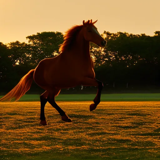 

This image shows a beautiful chestnut horse trotting in an open field. The horse is in full stride, its mane and tail streaming behind it in the wind. The sun is setting in the background, creating a stunning backdrop for
