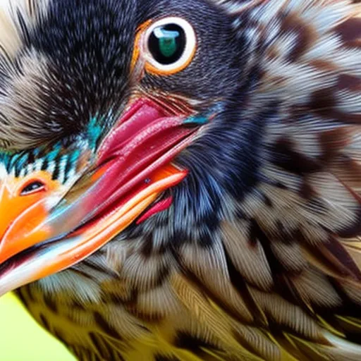 

This photo shows a close-up of a beautiful, multi-colored chicken with a unique feather pattern. The bird's feathers are a mix of black, white, and brown, with a few patches of yellow and red. Its eyes are