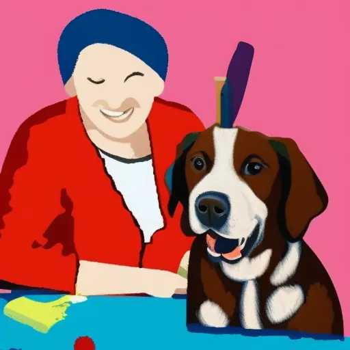 

This image shows a woman and her dog working together to craft a colorful piece of art. The woman is holding a paintbrush and the dog is happily pawing at the canvas. The image conveys the joy of crafting together with your furry