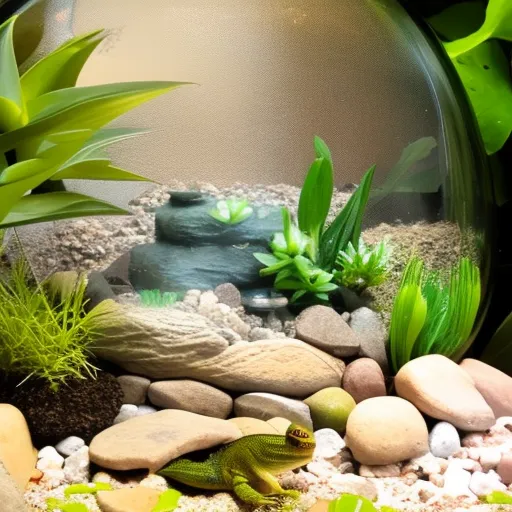 

The image shows a terrarium with a variety of plants and decorations, including a rock wall and a small pool of water. The terrarium is home to a small lizard, which is perched atop a rock, basking in the warm light
