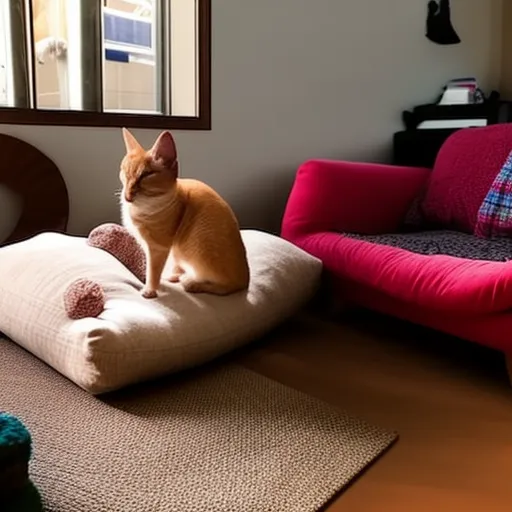 

This image shows a cozy living room with a pet bed, toys, and a scratching post. The pet bed is surrounded by pillows and a warm blanket, and the room is filled with natural light. The perfect pet haven has been created