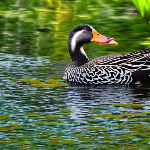

A photo of a brightly colored duck with a unique pattern of feathers, standing in a pond surrounded by lush green foliage. The duck's feathers are a mix of yellow, orange, and black, creating a dazzling display of color.