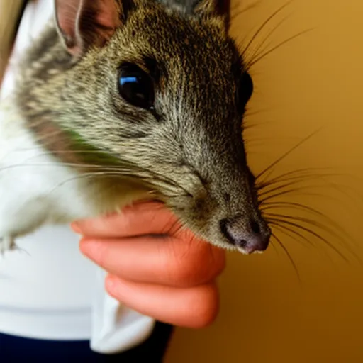 

This image shows a small, brown, furry animal with a long tail, perched on a person's shoulder. The animal is a degu, a small rodent native to Chile that has become a popular pet. The degu is looking directly
