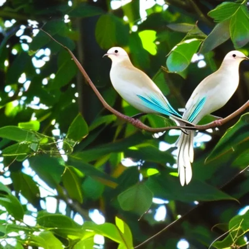 

An image of a pair of diamond doves perched on a branch in a lush green forest, their wings shimmering in the sunlight. The birds are a beautiful sight, their delicate feathers and vibrant colors hinting at the alluring lives of