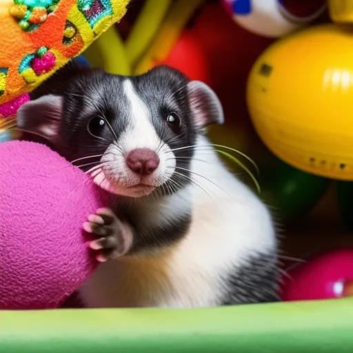 

An image of a ferret playing with a toy in its cage, surrounded by a variety of colorful objects and toys. The image illustrates how to create fun and stimulating environments for ferrets, by providing them with toys and other items to explore