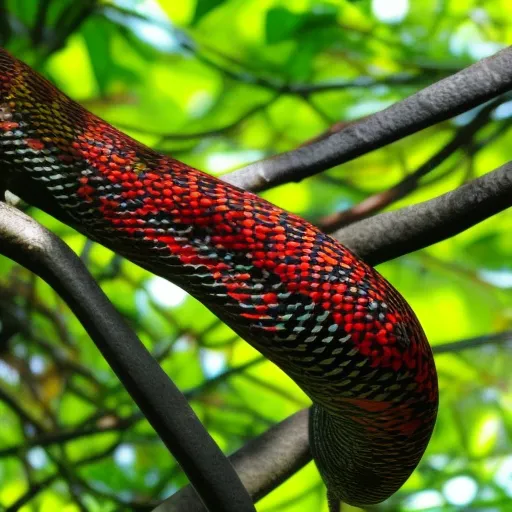 

This image shows a rare species of snake, the red-tailed pipe snake, coiled up in a tree branch. Its bright red and yellow scales stand out against the green foliage, making it a striking and exotic sight.