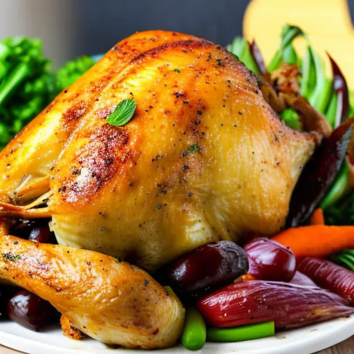 

A close-up image of a roasted turkey, surrounded by vegetables and herbs, with a golden-brown crispy skin. The succulent bird is the centerpiece of a delicious and flavorful meal, perfect for any occasion.