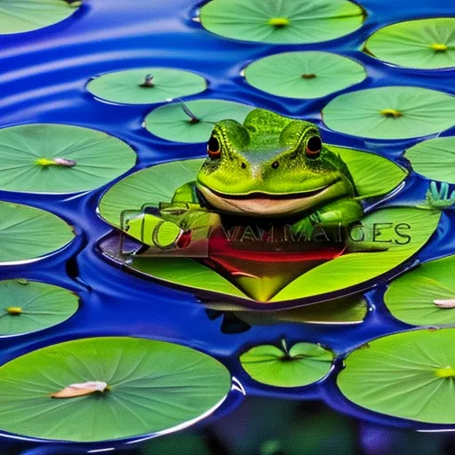 

An image of a frog sitting on a lily pad in a pond, surrounded by lush green foliage, with its mouth wide open as if singing. The frog is illuminated by the light of the setting sun, creating a beautiful and peaceful atmosphere