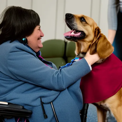 

The image shows a woman in a wheelchair with a service dog sitting beside her. The dog is wearing a service vest and is looking up at the woman with a loving expression. The woman is smiling and has her hand on the dog's head