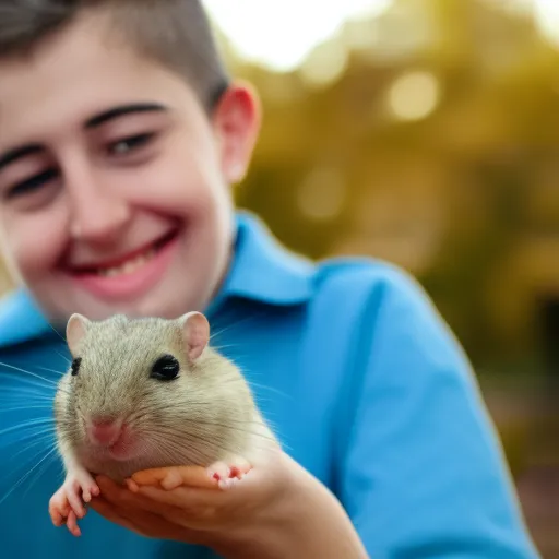 

The image shows a person holding a gerbil in their hands and smiling. The gerbil is looking up at the person with a friendly expression. The image conveys the idea of a strong bond between the person and the gerb