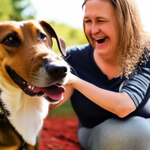 

The image shows a happy dog sitting in front of a smiling woman, both of them with their hands on the dog's back. The woman is holding a treat in her hand and the dog is looking up at her with an eager expression.