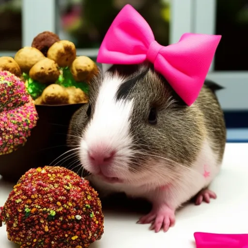 

An image of a guinea pig sitting on a person's lap, looking content and relaxed. The guinea pig is wearing a pink bow around its neck and is surrounded by a variety of toys and treats. The image conveys the idea