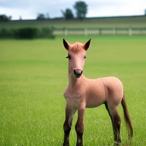

This image shows a happy baby horse, or foal, standing in a grassy field. The foal is healthy and vibrant, with a glossy coat and bright eyes. It stands confidently, with its head held high, a symbol of