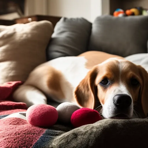 

A photo of a happy dog in a cozy living room, surrounded by a warm blanket and a few toys. The dog is looking content and relaxed, showing that it feels at home in its new environment.