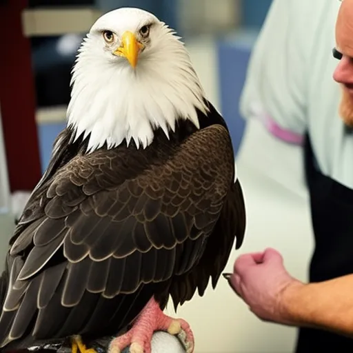 

This image shows a veterinarian treating a bald eagle with a broken wing. The eagle is perched on the vet's arm, and the vet is carefully wrapping the wing in a bandage. This image illustrates the incredible world of animal rehabilitation, where