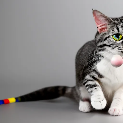 

A photo of a white and grey tabby cat playing with a colorful toy mouse on a white background. The toy mouse has a long tail and is filled with catnip, making it irresistible for cats to play with. The image captures