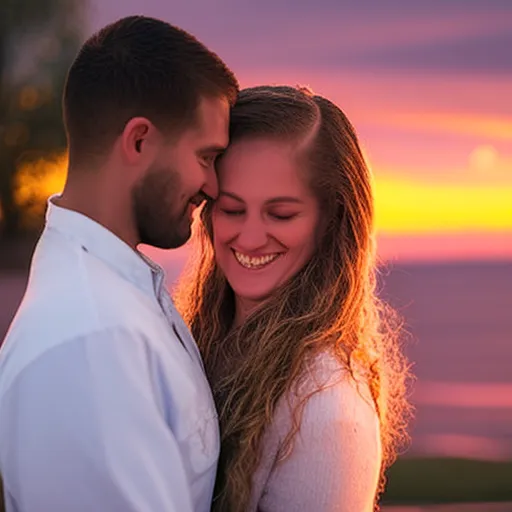 

A picture of a couple embracing each other in a loving embrace, with the sun setting in the background. The couple is smiling and looking into each other's eyes, symbolizing the love and connection they share.