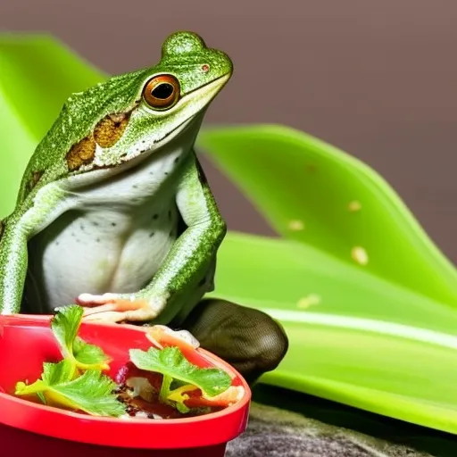

This image shows a pet frog perched on a green leaf, with a small bowl of food in front of it. The food bowl contains a variety of small insects, which are a healthy and nutritious meal for the frog. The image illustrates the