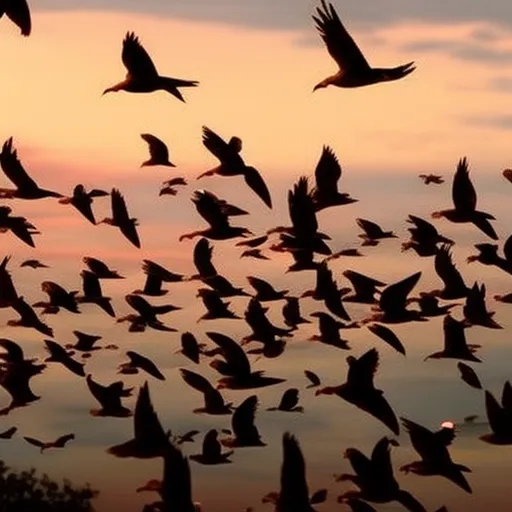

A photo of a flock of doves and pigeons flying in unison against a backdrop of a setting sun. The birds are in perfect formation, creating a mesmerizing sight. The image captures the beauty and grace of the birds in flight,