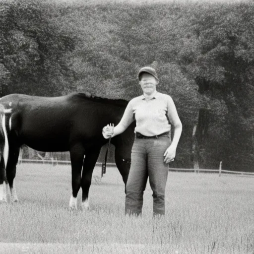 

This image shows a mule, a hybrid of a horse and a donkey, standing in a field with a person standing nearby. The mule is a unique creature, combining the strength and agility of a horse with the hardiness and sure
