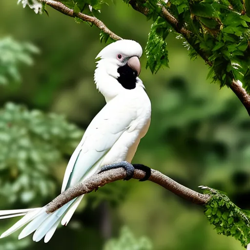 

This image shows a white cockatoo perched on a tree branch, looking off into the distance. Its crest is raised, giving it a proud and majestic look. Its white feathers are contrasted against the green foliage of the tree, making it