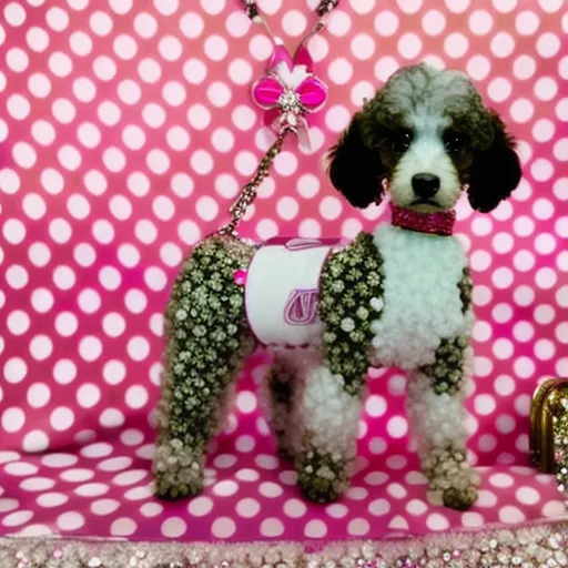 

An image of a white and brown poodle wearing a pink bow and a matching pink collar with a diamond-encrusted charm. The pup is standing on a pink and white polka dot blanket, surrounded by a selection of luxurious pet