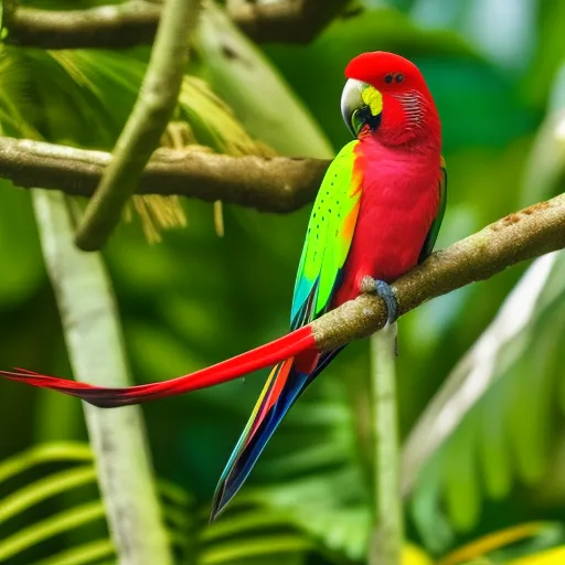 

This image shows a colorful parrot perched on a branch in a tropical forest. The parrot has a bright green body, a yellow head and a red beak. Its wings are spread wide, showing off its vibrant feathers. The lush