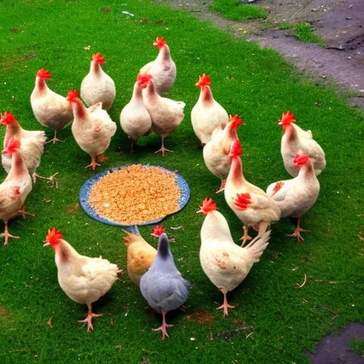 

The image shows a group of chickens gathered in a circle, with one bird standing in the center. The bird in the center appears to be the dominant one, as the other chickens are all looking up at it in submission. This image illustrates