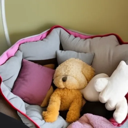 

This image shows a cozy pet bed surrounded by plush toys, a blanket, and a pillow. The bed is designed to provide a comfortable and safe space for your furry companion to relax and nest. The surrounding accessories create a warm and inviting atmosphere
