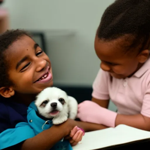 

This image shows a young student in a classroom, smiling and holding a small puppy in her arms. The puppy is looking up at the student with a content expression, and the student is looking down at the puppy with a look of joy and