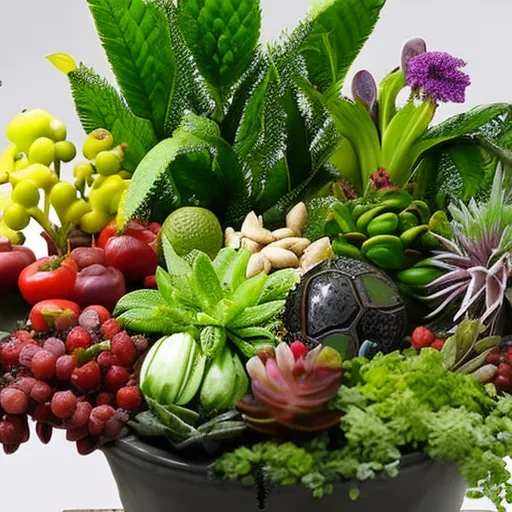 

An image of a variety of houseplants, including succulents, ferns, and ivy, arranged in a decorative pot. The plants are surrounded by a variety of vegan-friendly snacks, such as fruits, nuts,