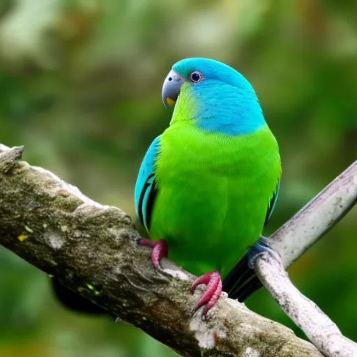 

This image shows a beautiful parakeet perched on a branch in a natural outdoor setting. The parakeet is a bright green color with a yellow head and a blue tail. Its beak is open, as if it is singing a