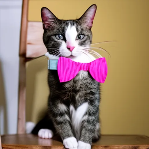 

This image shows a white and gray striped cat wearing a pink bowtie and a matching pink collar. The cat is sitting in a wooden chair, with its paws crossed and a content expression on its face. The image perfectly captures the idea of