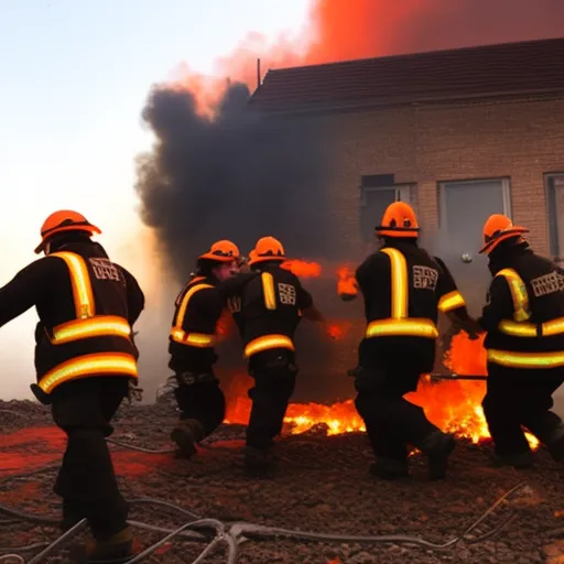 

The image shows a group of firefighters carrying a person out of a burning building, with a bright orange sky in the background. The firefighters are working together to rescue the person from the dangerous situation.