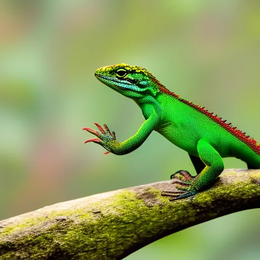 

The image shows a close-up of a colorful lizard perched on a branch. The lizard has bright green and yellow scales and a long, thin tail. Its eyes are wide and alert, giving it a curious and friendly appearance. This image