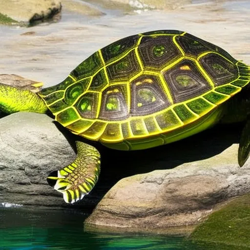 

An image of a rare and unique turtle species, its shell a vibrant yellow and green, perched atop a rock in a shallow body of water. The turtle's head is raised, its eyes alert and curious, as if it is aware of
