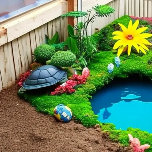 

This image shows a creative and colorful turtle habitat, complete with a bright blue pond, a variety of plants, and a cozy hideaway. It is the perfect example of a DIY turtle home, demonstrating how to create a fun and stimulating environment
