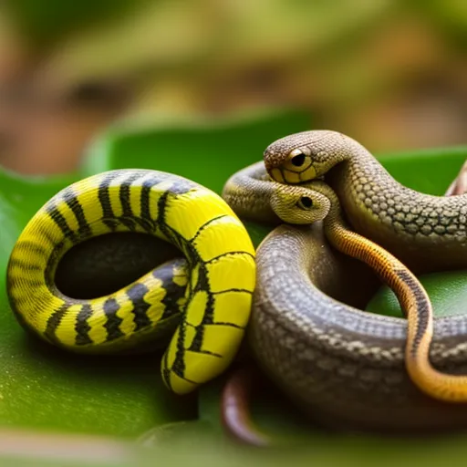 

This image shows a close-up of two small snakes, a green one and a yellow one, coiled together in a friendly embrace. The two snakes are looking directly at the camera, giving the impression that they are posing for the photo