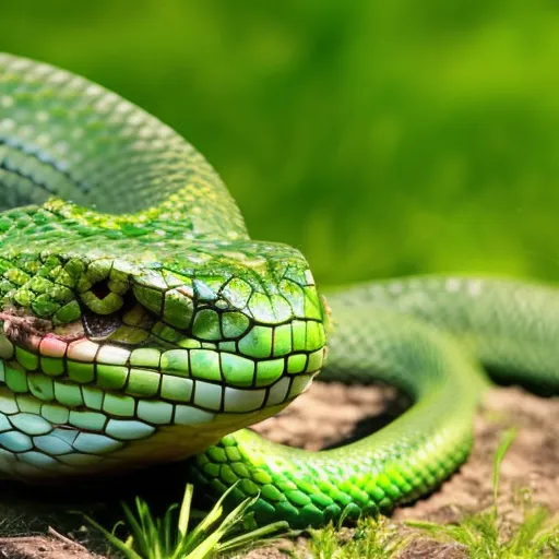 

An image of a large, green snake slithering through a grassy field, its tongue flicking out to taste the air. The snake's scales shimmer in the sunlight, and its eyes are focused on its destination. This image captures the
