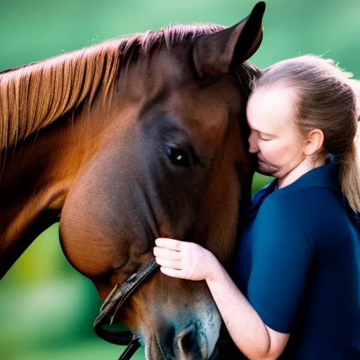 

This image depicts a woman and her horse in a peaceful, loving embrace. The woman has her arms around the horse's neck, and the horse is leaning into her with his head resting on her shoulder. This image conveys the strong bond