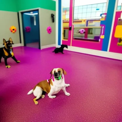 

This image shows a happy dog playing with a toy in a bright and cheerful doggy daycare facility. The room is filled with comfortable beds, toys, and plenty of space for the dogs to run and play. The bright colors and inviting