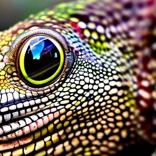

The image shows a close-up of a lizard's head, with its eyes and mouth open, as if it is communicating with its surroundings. The vibrant colors of its scales and the intense look in its eyes suggest that the lizard is attempting