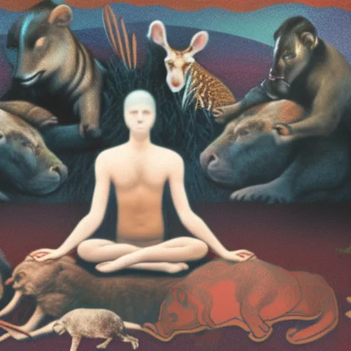 

The image shows a person in a meditative pose, surrounded by a variety of animals. The person appears to be in a state of deep contemplation, as if trying to connect with the spirit of the animals. The image conveys the idea